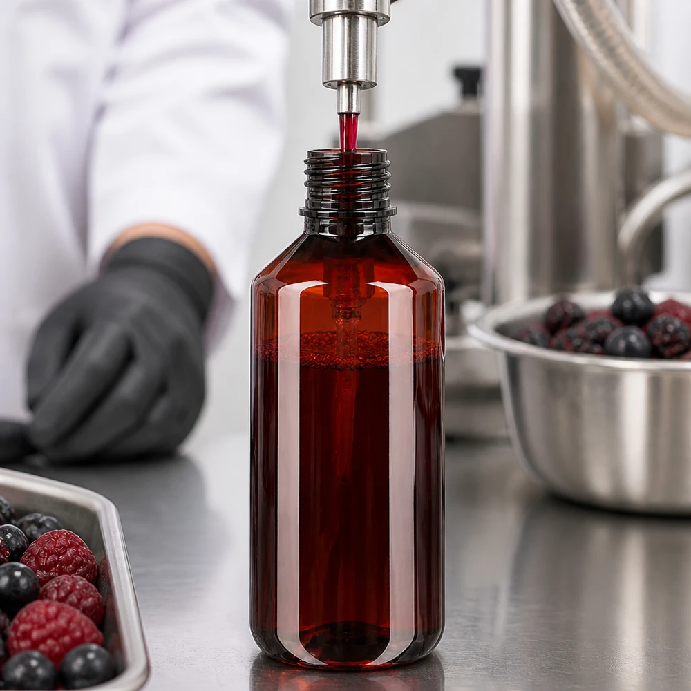 Plnicí linka plní ve výrobním závodě 200ml PET láhve jantarově zbarveným nápojem s extraktem z červených bobulí