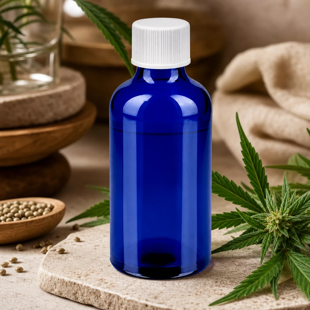 Robuste 50ml Glasflasche in Kobaltblau mit hygienischem weissen Kunststoffverschluss