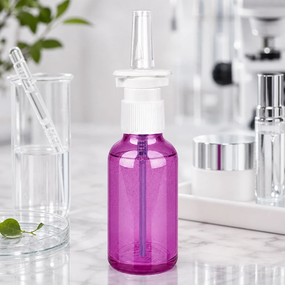 30ml lahvička s nosním rozprašovačem PurpleLine bílá/transparentní standardní. UT18/30 Ergonomische Nasensprayflasche 30ml Inhalt mit praktischem weißem Sprühaufsatz in trendigem Purple-Finish