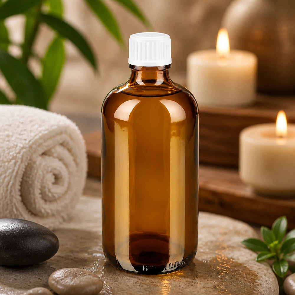 Lékárenská láhev hnědá 100ml šroubovací uzávěr bílá standardní Kleine Apothekerflasche braun 100ml mit Schraubverschluss für ätherische Öle