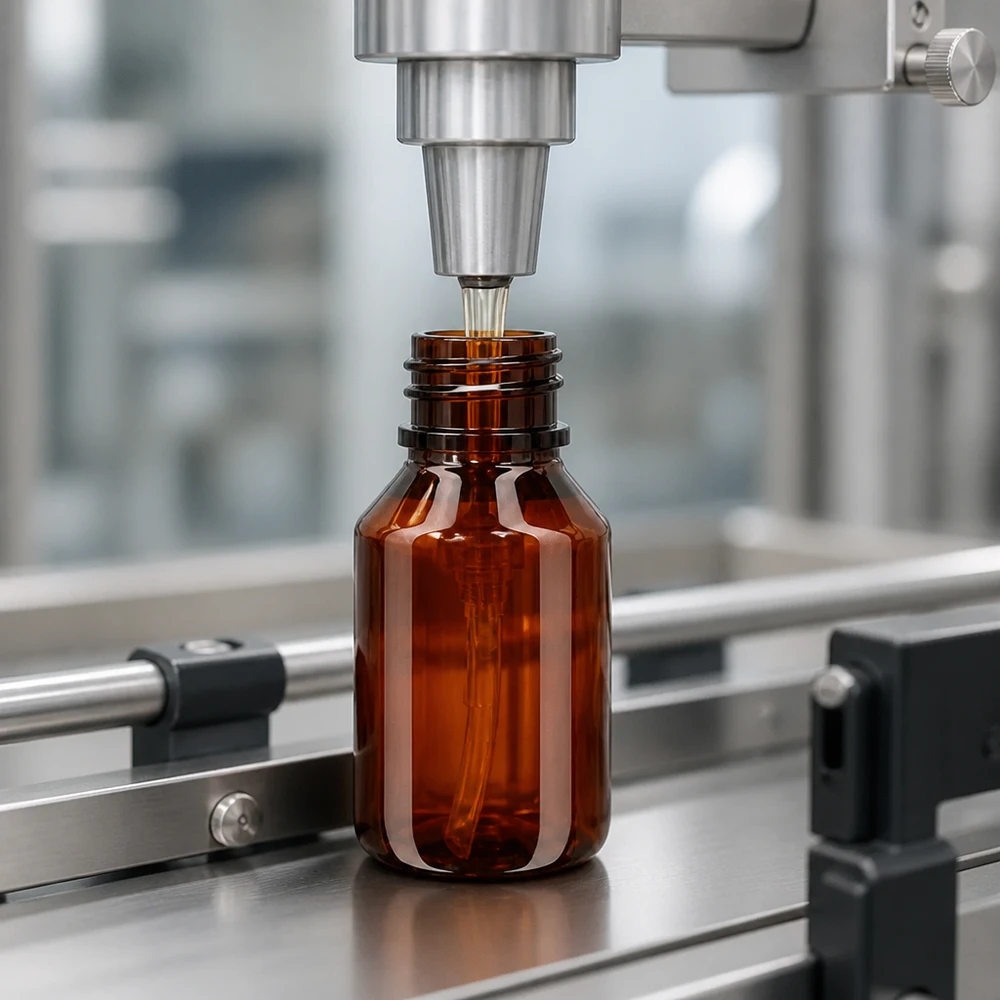 Automatická plnicí linka plní jantarově zbarvené 50ml PET lahve s černým dávkovacím čerpadlem