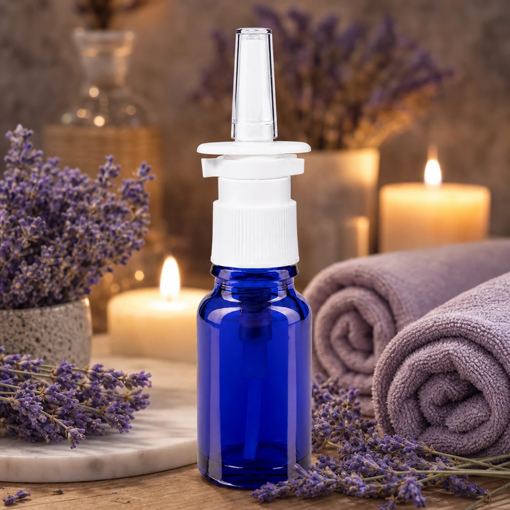10ml blaue Glasflasche mit Nasensprayaufsatz neben Lavendel Kerzen und Handtüchern