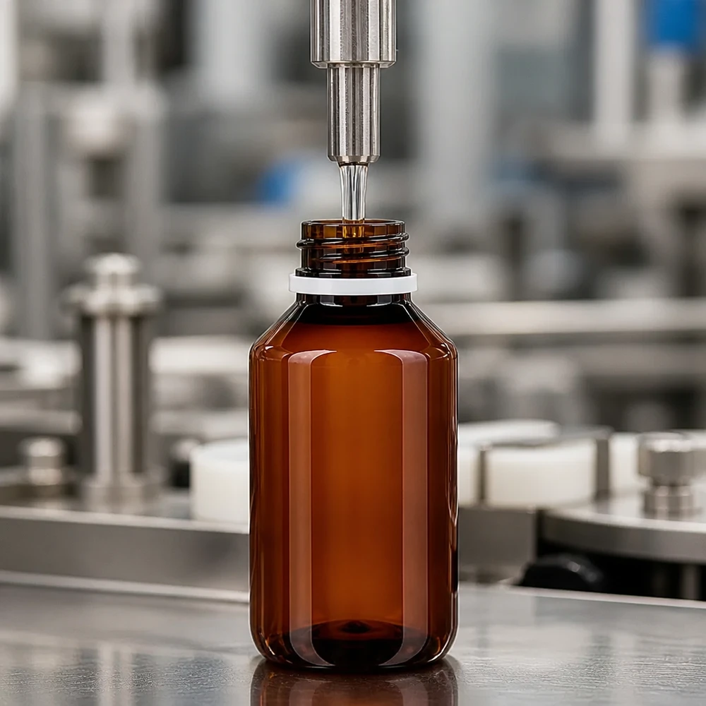 Plnicí linka plní hnědou 50ml PET láhev s bílým žebrovaným uzávěrem typu OV