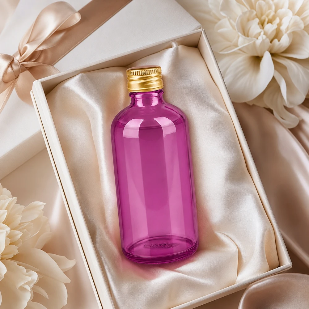 PurpleLine 100ml lahvička 11mm šroubovací uzávěr hliníkový zlatý standard. UT18/100 Kleine 100ml Glasflasche in Purple mit festem Verschluss ideal für Reise und unterwegs
