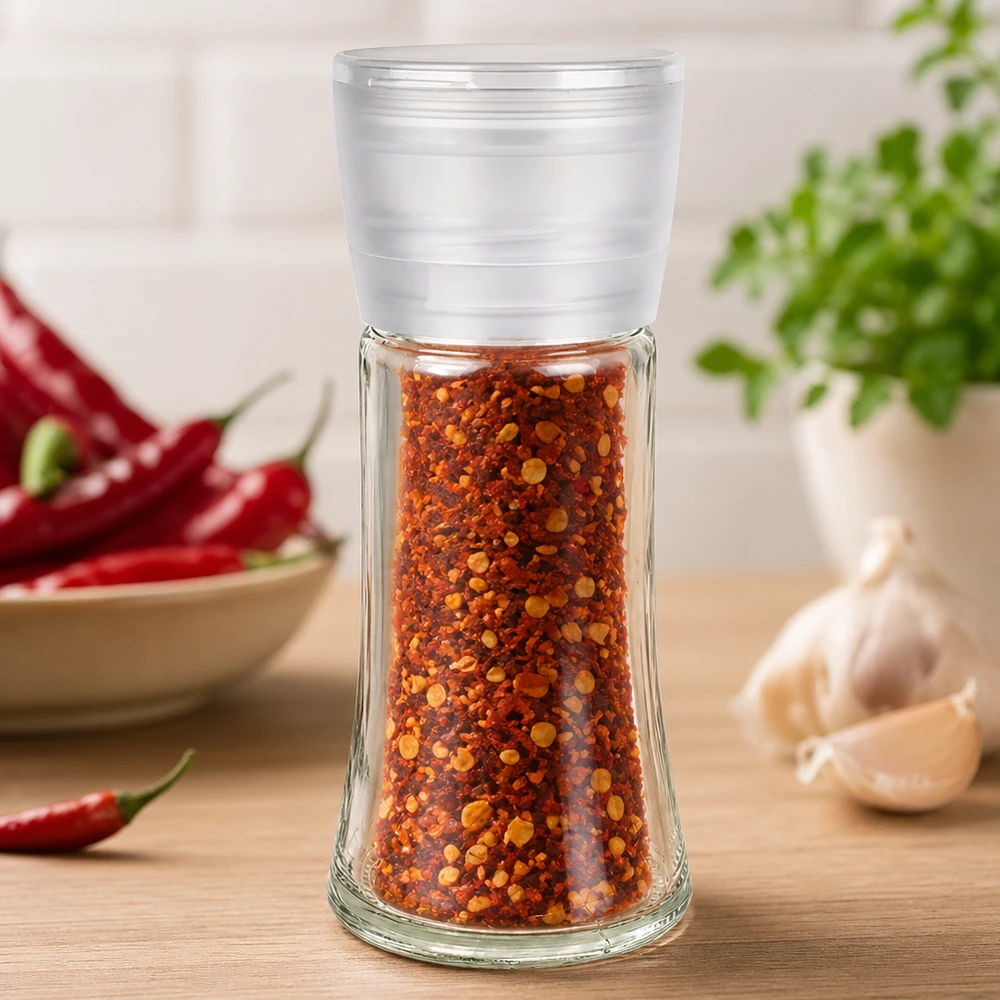 Salzmühle Vario 95ml mit Chiliflockenfüllung zwischen frischen Zutaten auf Holztisch
