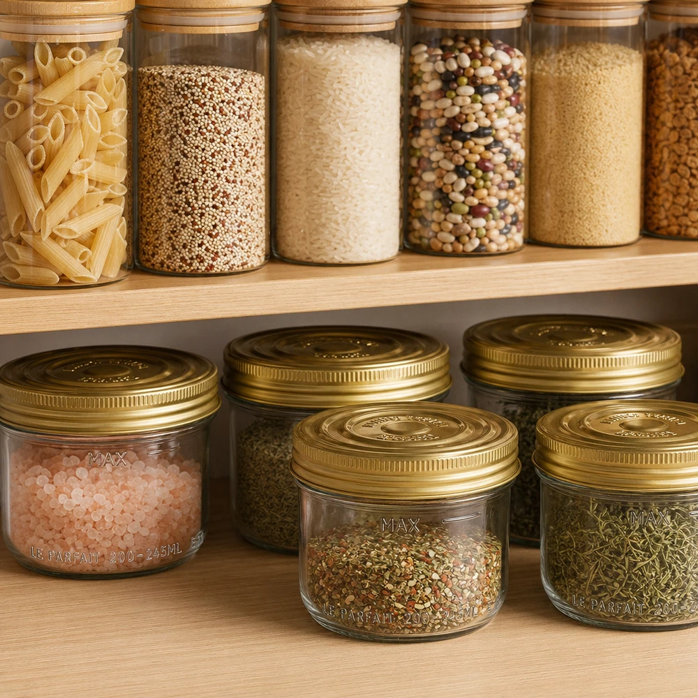 245ml Sturzglas Familia Wiss mit goldenem Deckel für Gewürze und Kräuter in organisierter Vorratsküche