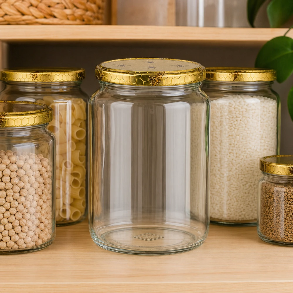 1000g Honigglas mit Bienenwabe Deckel BasicSeal UNiTWIST 1000g Honigglas leer mit Bienenwaben-Deckel in Vorratsregal zwischen gefüllten Gläsern mit Hülsenfrüchten und Reis