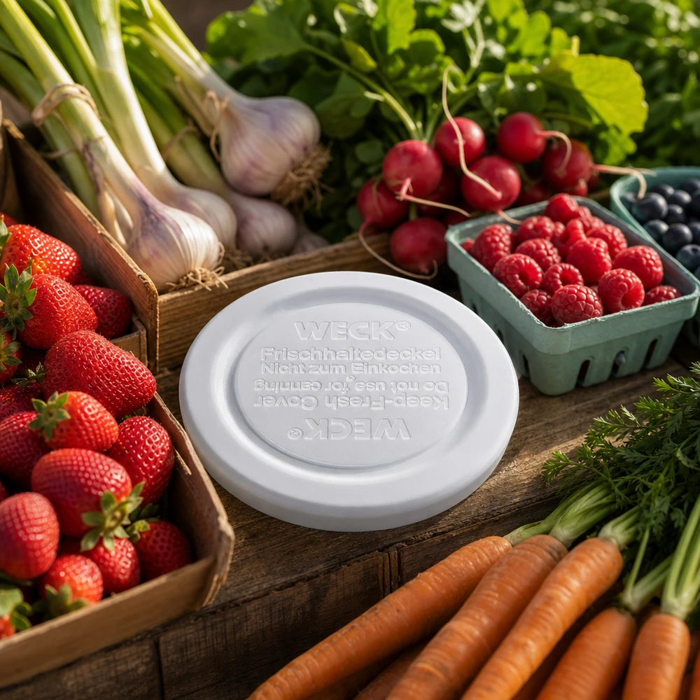 Víko WECK Fresh-keeping RR40 WECK Frischhaltedeckel RR40 zwischen frischem Gemüse und Beeren - ideal für Vorratshaltung von Erdbeeren bis Karotten