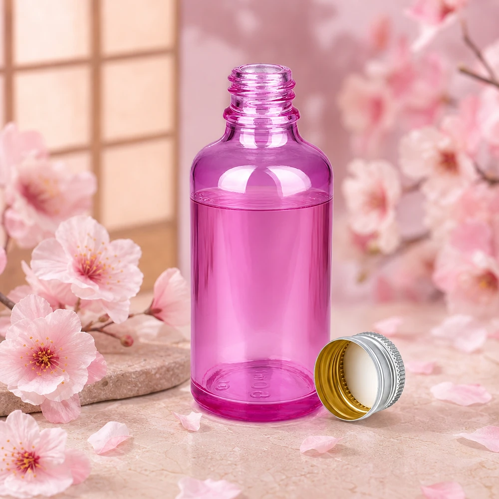 50ml lahvička 11mm šroubovací uzávěr hliníkovo-stříbrný standard PurpleLine.UT18/50 Praktische 50ml Glasflasche purple mit wiederverschließbarem 11mm Alu-Silber Deckel