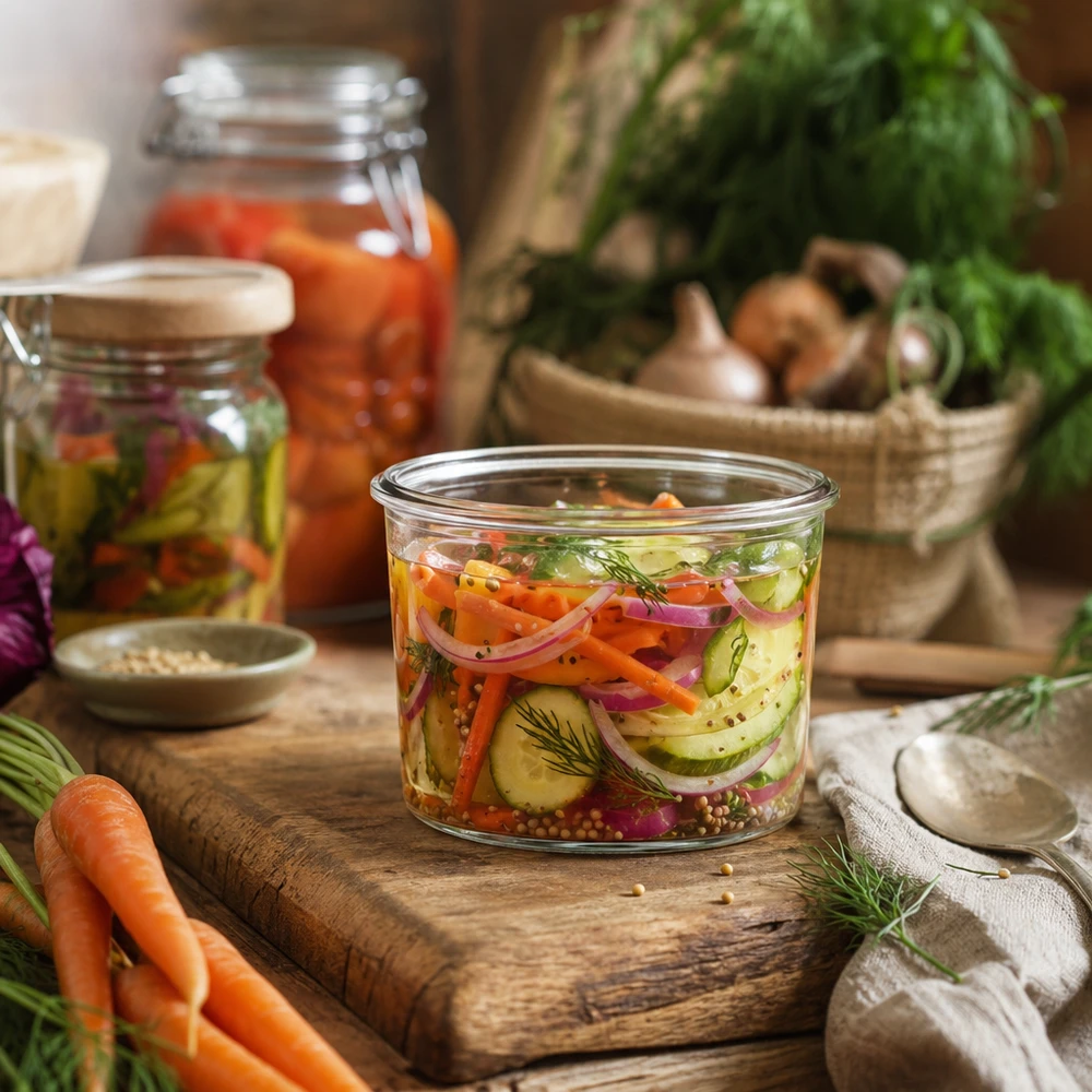35ml kelímky WECK RR40 WECK Sturzglas 35ml mit eingelegtem Gemüse auf Holzbrett, Einmachglas für Fermentation und Konservierung