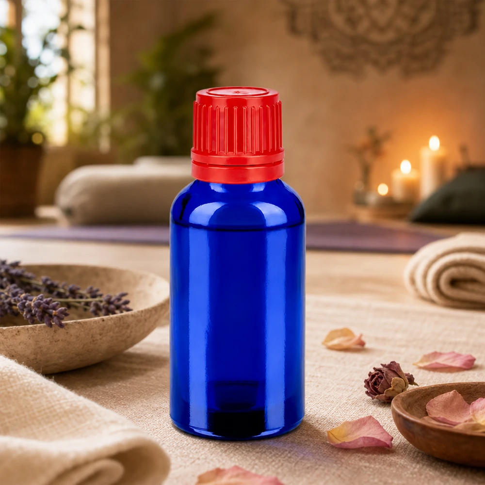 30ml láhev 11mm šroubovací uzávěr červený uzávěr s ochranou proti manipulaci BlueLine UT18/30 Lichtschützende blaue 30ml Flasche mit rotem Sicherheitsverschluss für empfindliche Substanzen