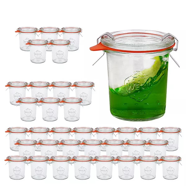 Sada 36 sklenic Weck o objemu 140 ml s 36 skleněnými víčky. Sada 36 sklenic Weck o objemu 140 ml s 36 skleněnými víčky.