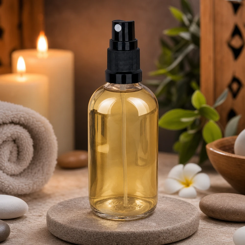 100ml láhev na sprej černá standardní uzávěr ClearLine UT18/100 100ml Feinnebel-Glasflasche STD UT18/100 gefüllt mit goldenem Öl auf rundem Steinsockel