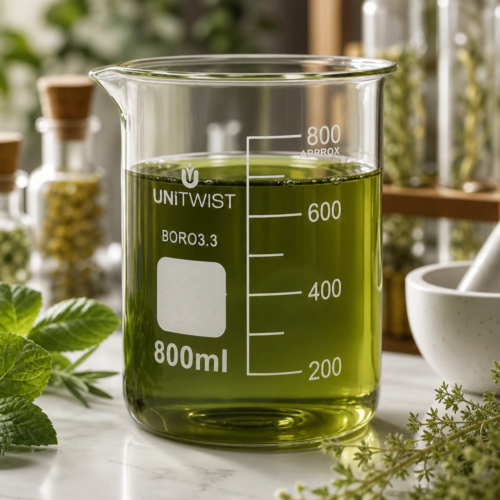 Becherglas niedrige Form 800ml Borosilikat mit grüner Flüssigkeit bei 750ml Füllstand UNiTWIST