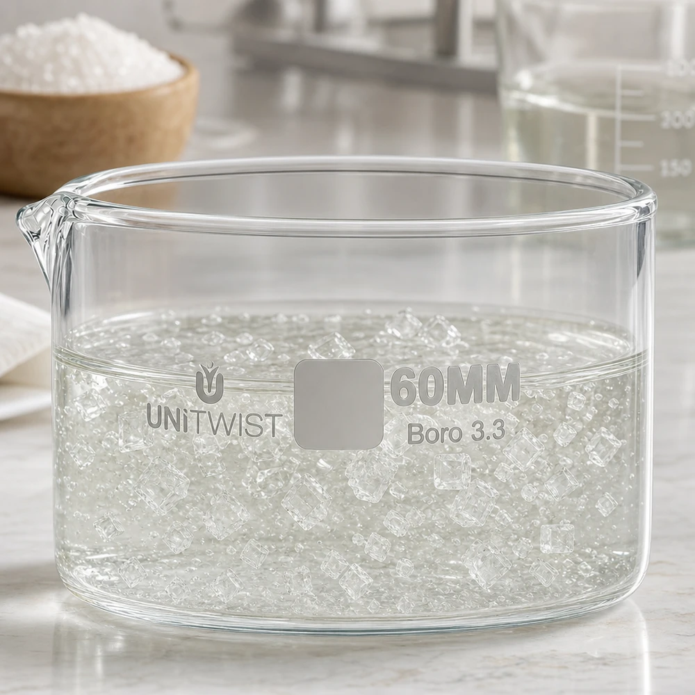 Krystalizační miska ø60 mm z borosilikátového skla UNiTWIST Kristallisierschale UNiTWIST Boro 3.3 mit superabsorbierenden Polymerkristallen in Wasser
