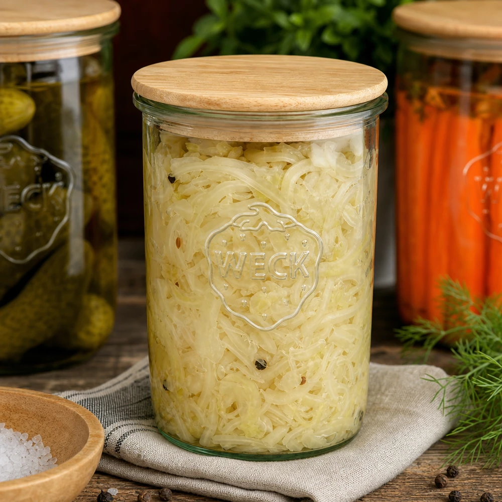 WECK Einmachglas 1000ml mit Sauerkraut befüllt und Holzdeckel neben eingelegten Gurken und Karotten Fermentation