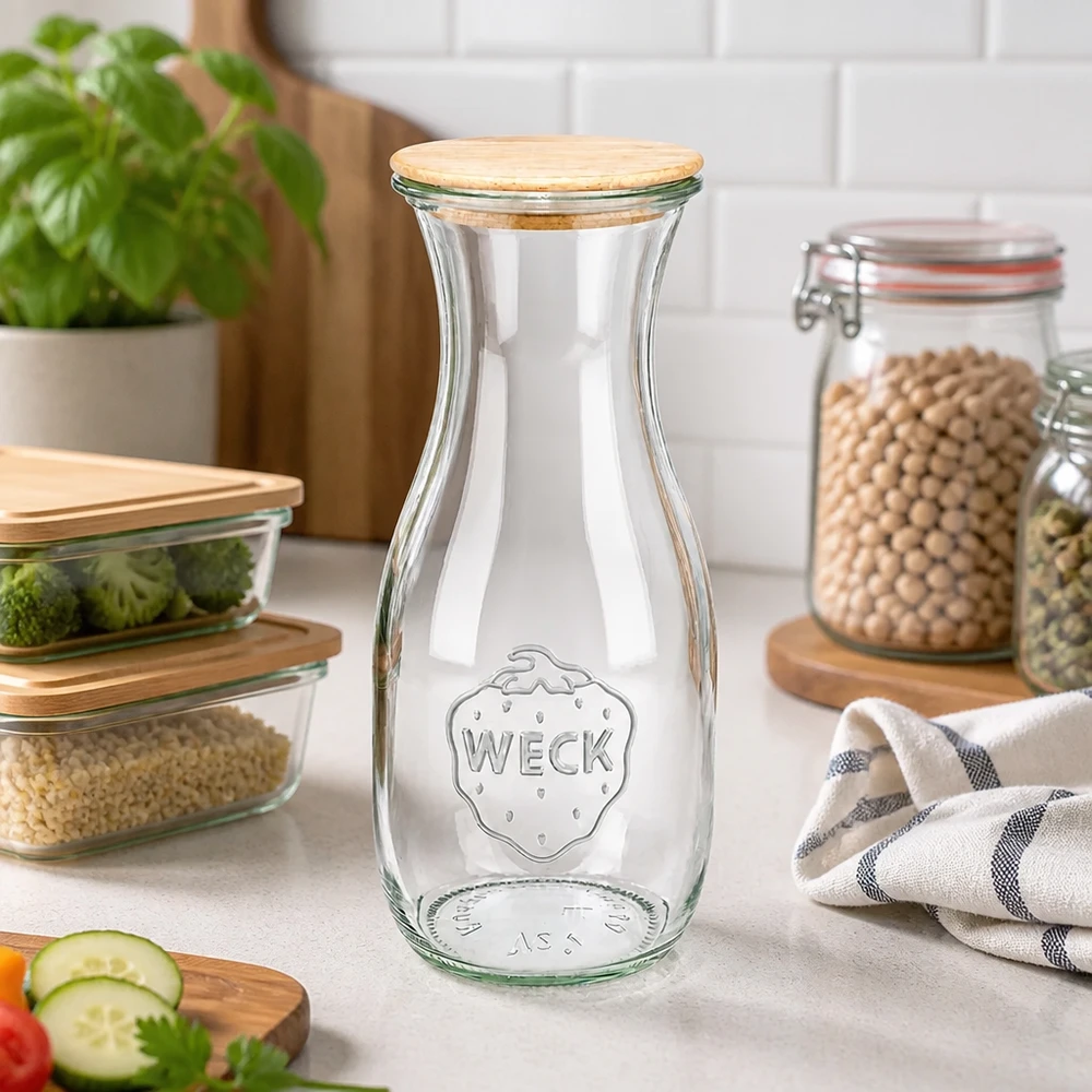 530ml láhev na džus WECK RR60 s dřevěným víčkem WECK Saftflasche 530ml RR60 mit Holzdeckel in moderner Küche neben Gemüse und Hülsenfrüchten als Vorratslösung