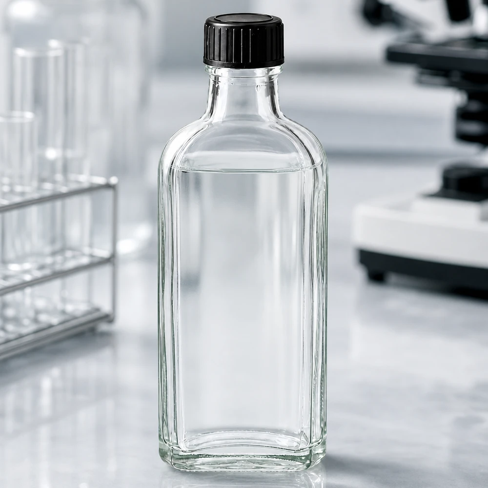100 ml čirý šroubovací uzávěr Meplat s těsnicím diskem LKD Flachflasche 100ml aus Klarglas mit schwarzem Schraubdeckel und LKD-Dichtscheibe für Chemikalien