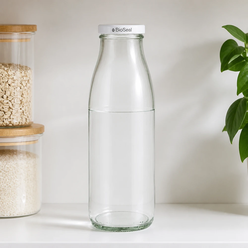 500ml skleněná láhev + víčko BioSeal bílé UNiTWIST 500ml Glasflasche mit BioSeal Verschluss in Küchenumgebung, neben Vorratsgläsern mit Müsli und grüner Pflanze