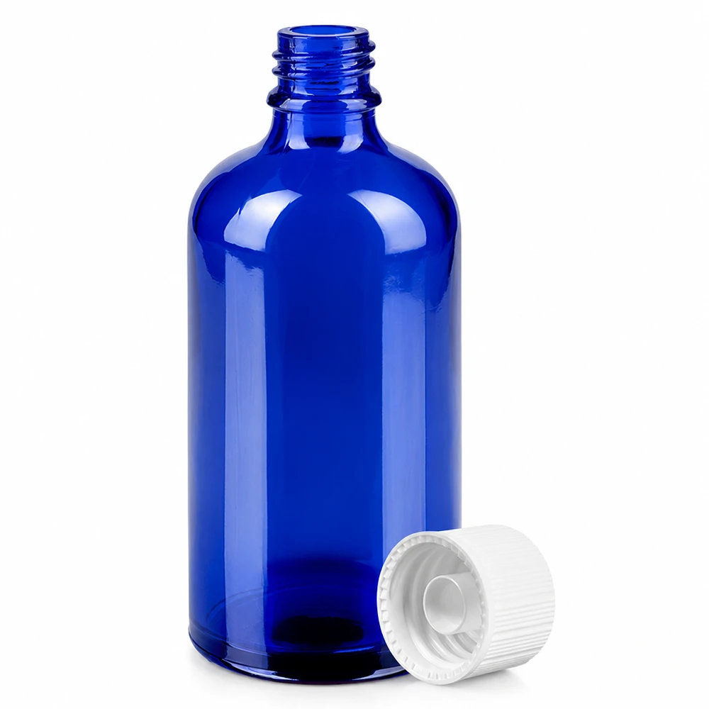 100ml láhev 11mm šroubovací uzávěr bílá Standard BlueLine UT18/100 Stilvolle kobaltblaue 100ml Glasflasche mit weißem Schraubverschluss für DIY Kosmetikherstellung