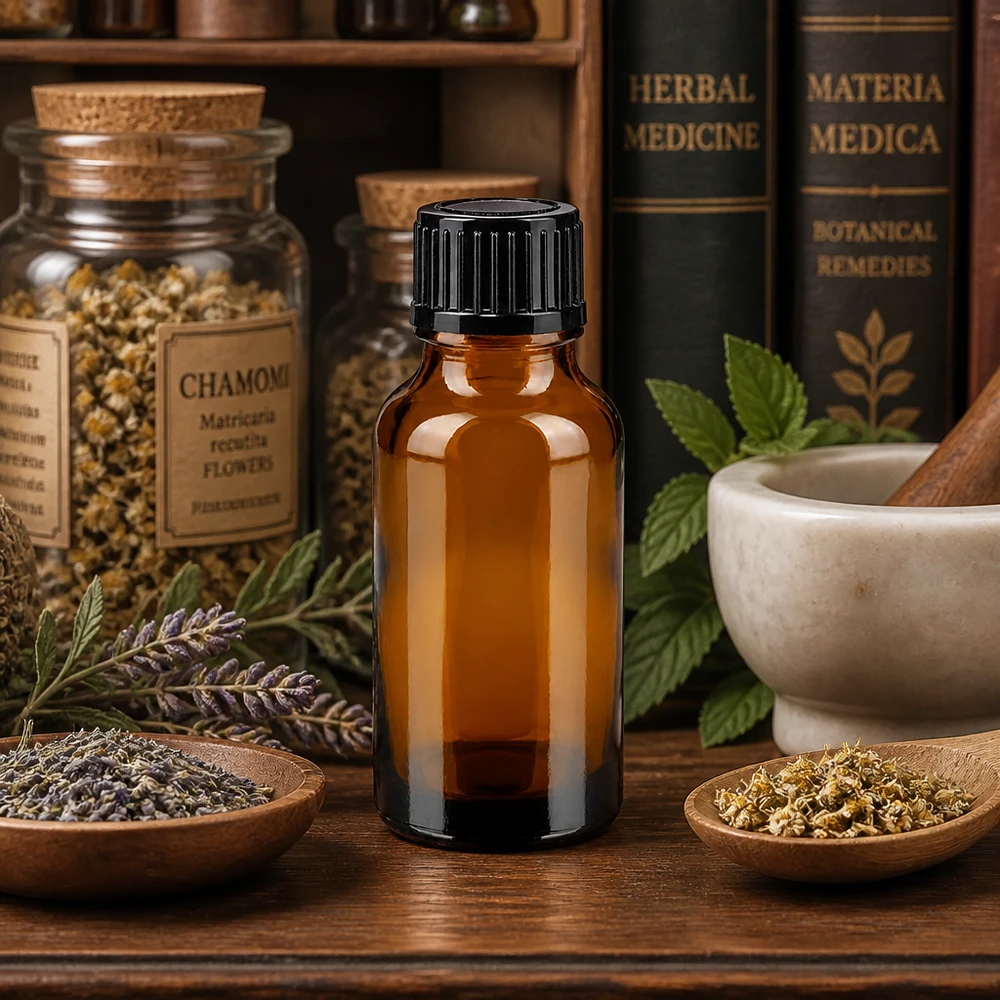 Lékárenská lahvička hnědá 20ml kapátko uzávěr 1mm černý standardní Lichtschutzflasche 20ml aus Apothekerglas mit 1mm Tropfer zwischen Lavendel und Minzblättern