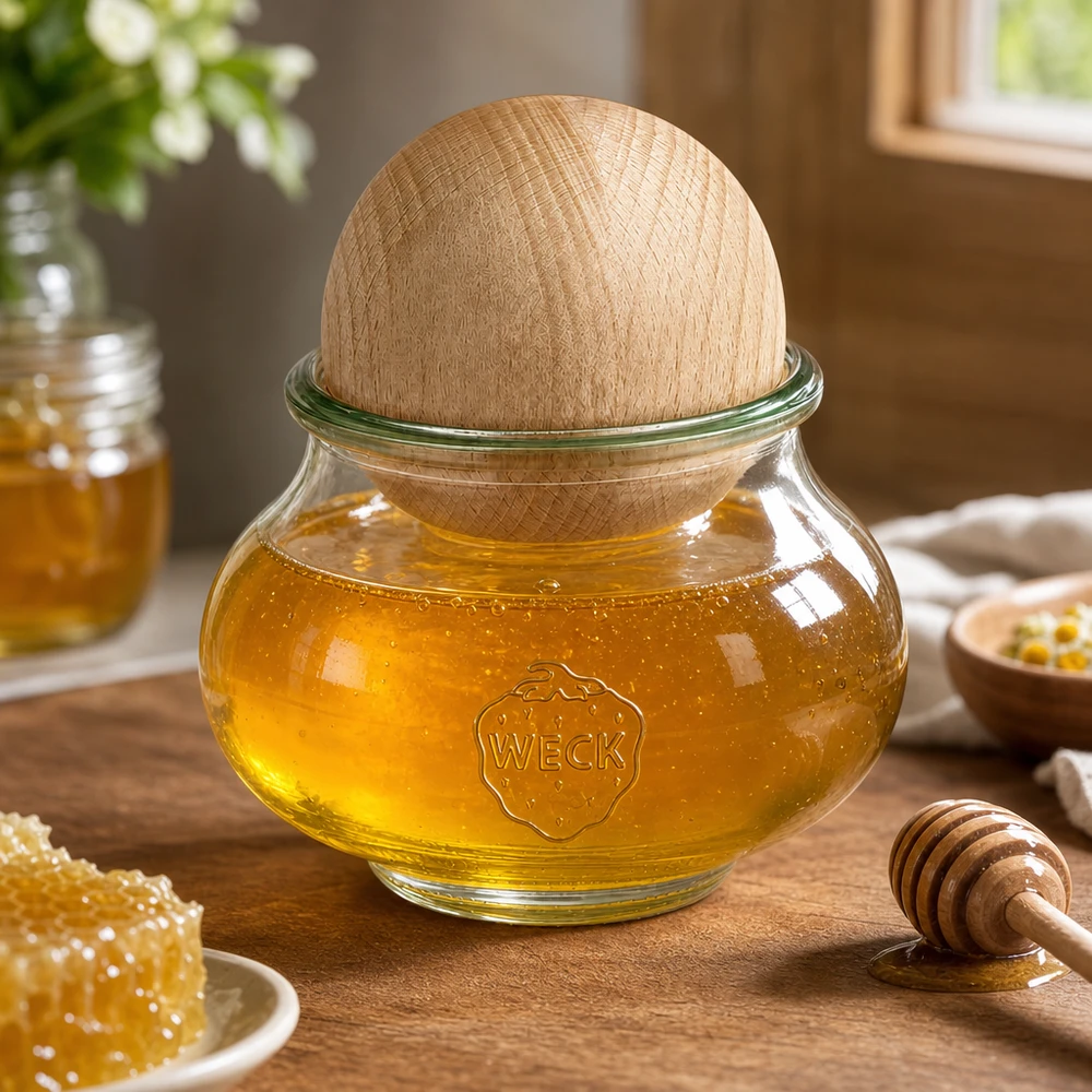 Dóza na šperky WECK RR80 o objemu 560 ml s kuličkou z bukového dřeva WECK Honigglas 560ml RR80 Buchenkugel Holzdeckel gefüllt mit Honig Honiglöffel Waben Küchenzubehör