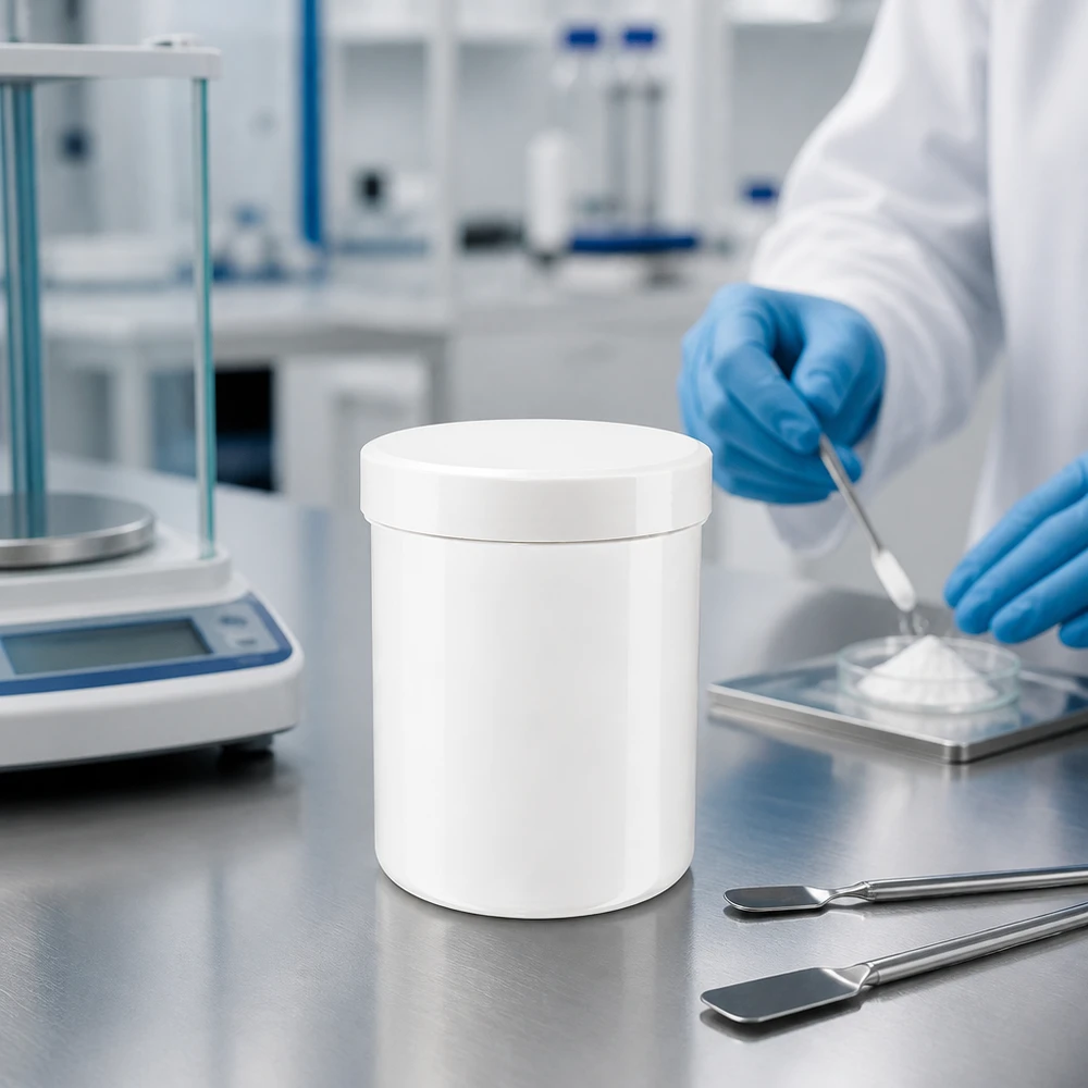 Velká 800g nádoba na mast z bílého PP plastu se šroubovacím víkem vedle analytických vah v laboratoři