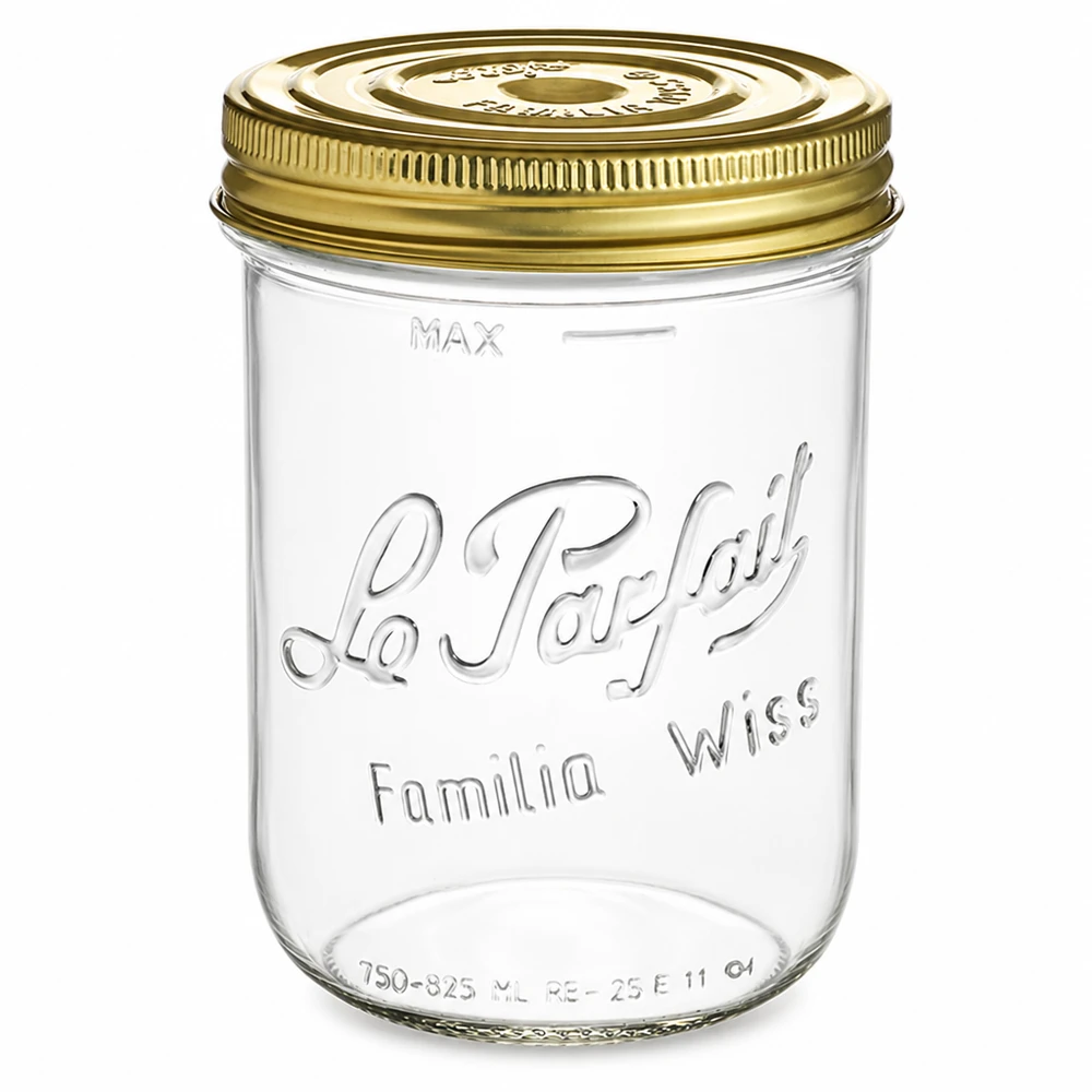 1020ml Sturzglas "Familia Wiss" 2-teiliges Deckelsystem Le P Sturzglas Familia Wiss 1020ml mit goldenem Schraubdeckel Le Parfait Einmachglas zum Konservieren