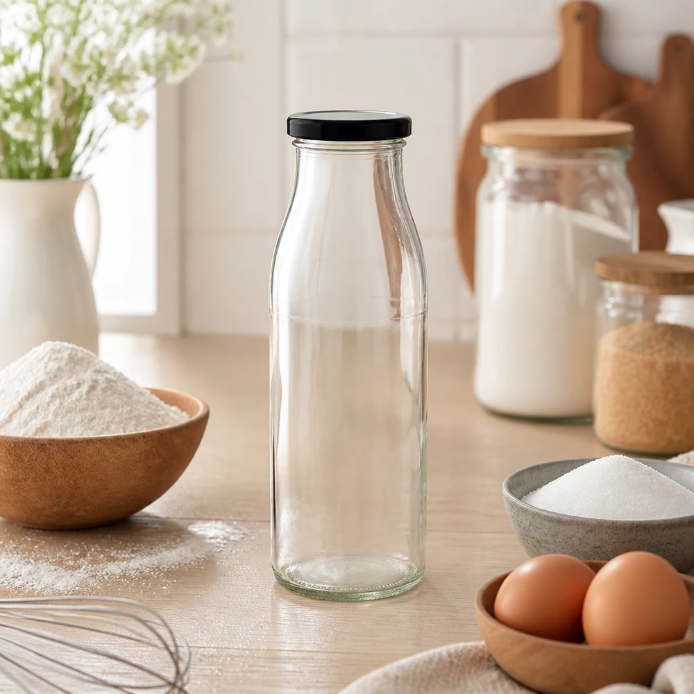 500ml skleněná láhev + víčko BasicSeal černé UNiTWIST 500ml Glasflasche mit schwarzem Deckel in natürlicher Küchenumgebung mit Backzutaten und Holzschüsseln