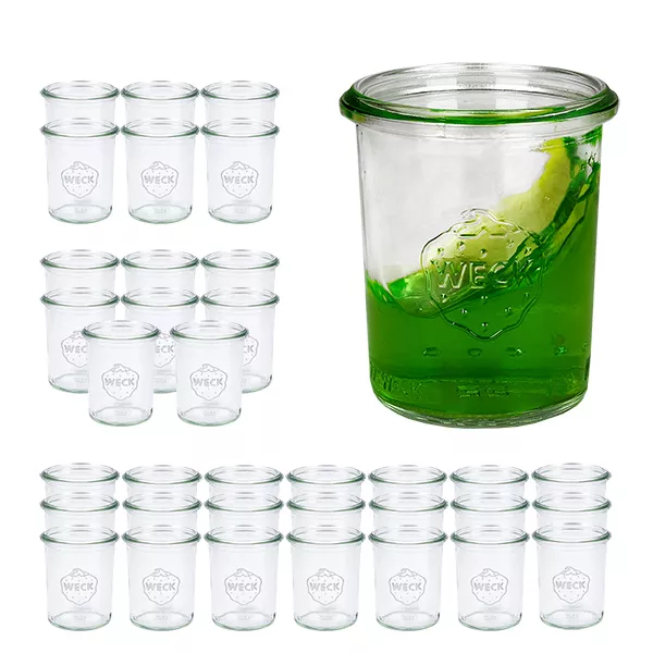 Sada 36 sklenic Weck o objemu 160 ml se skleněným víčkem. Sada 36 sklenic Weck o objemu 160 ml se skleněným víčkem.