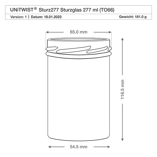 Tumbler o objemu 277 ml bez víčka (TO66) UNiTWIST UNiTWIST Sturz277 Sturzglas 277ml TO66 mit technischer Zeichnung Maße 65mm Durchmesser 116,5mm Höhe Gewicht 181g