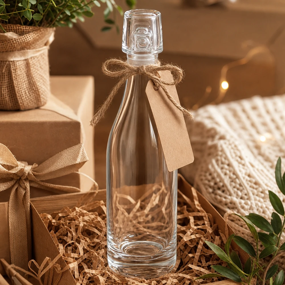 Skleněná lahvička 50 ml bez otočného uzávěru UNiTWIST 50ml Glasflasche UNiTWIST Geschenkverpackung mit Juteschnur und Anhänger in Geschenkbox mit Stroh