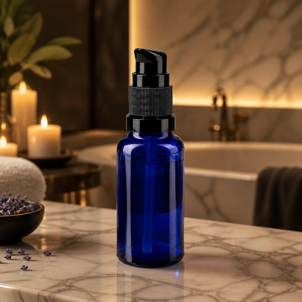 Lékárenská láhev modrá 20ml s uzávěrem pumpy černá standardní Schlanke kobaltblaue Serumflasche 20ml mit Pumpverschluss in luxuriösem Spa-Setting