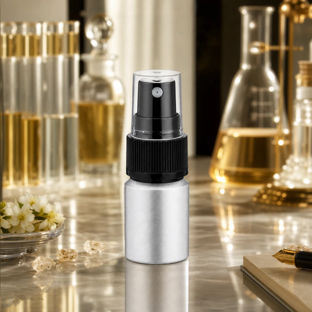 Elegante silberne 10ml Sprühflasche aus Aluminium mit schwarzem Pumpkopf für den Alltag