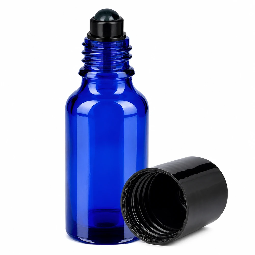 20ml roll-on lahvička černá se standardním uzávěrem BlueLine UT18/20 Kompakte 20ml Roll-On Flasche in königsblau mit schwarzem Kugelaufsatz für unterwegs