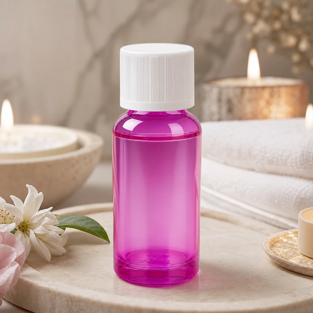 20ml láhev se šroubovacím uzávěrem 11 mm bílá standardní dětská pojistka PurpleLine UT18/20. Elegante 20ml Flasche in Lila-Ton mit praktischem Schraubverschluss für stilvolle Kosmetikaufbewahrung