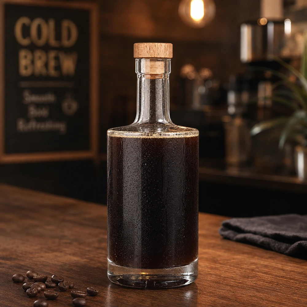 500ml Glasflasche Nora mit Cold Brew Kaffee gefüllt Holzkorken UNiTWIST Kaffeebohnen Barista-Ambiente rustikal