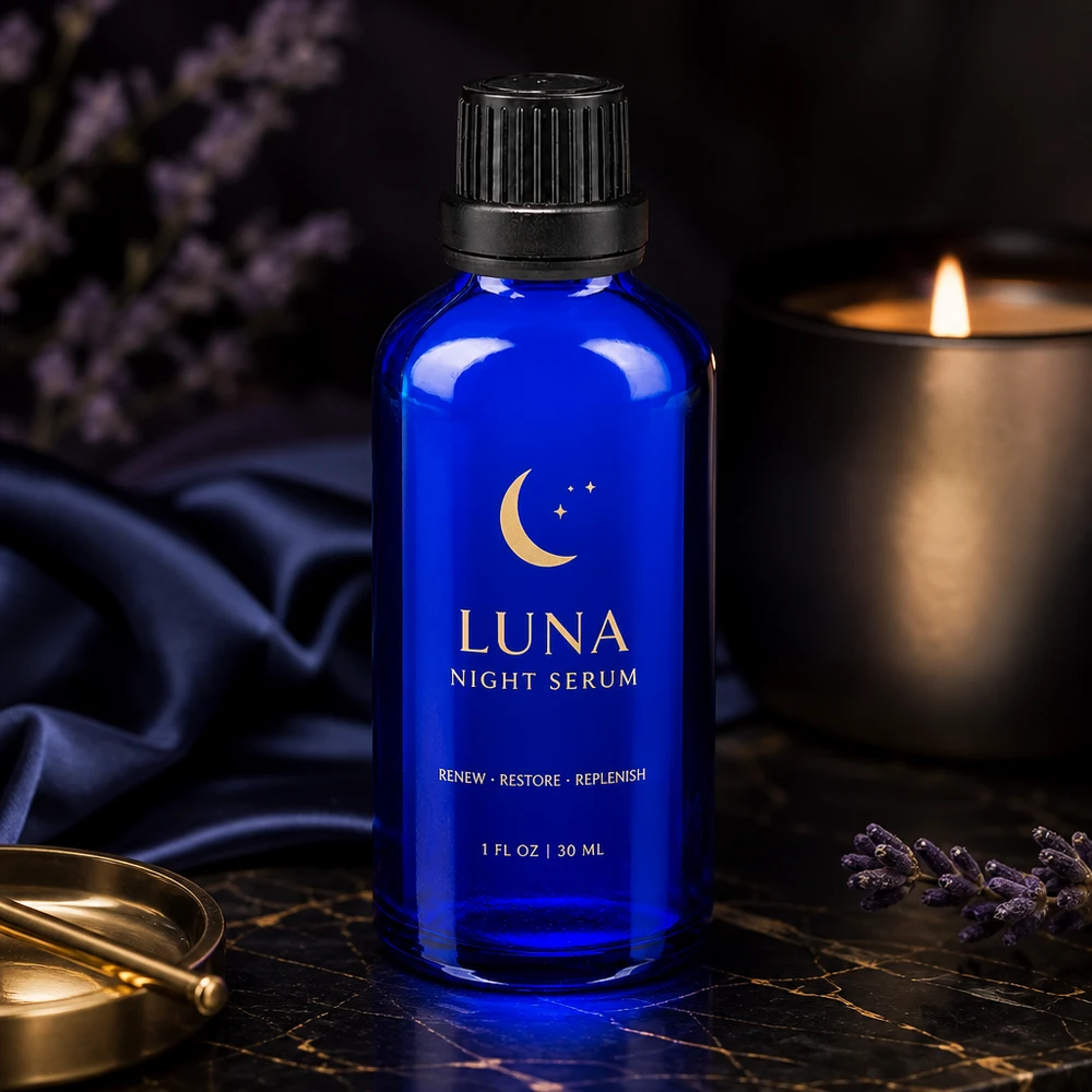 Lékárenská láhev modrá 50ml šroubovací uzávěr černá s ochranným uzávěrem proti neoprávněné manipulaci. Apothekerflasche Blauglas 50ml mit schwarzem OV ideal für Nachtserum und Gesichtspflege