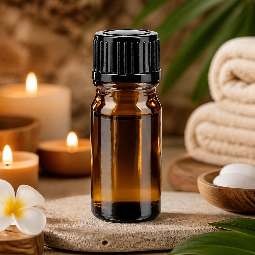 Aromatherapie Aufbewahrungsfläschchen 5ml braunes Glas schwarze Kappe im Wellness-Arrangement
