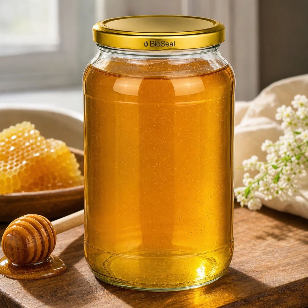 Kulatá nádoba o objemu 1062 ml se zlatým víčkem UNiTWIST BioSeal. UNiTWIST Runda1062 Honigglas gefüllt mit goldenem Honig TO82 BioSeal Deckel Holzbrett Bienenwaben Imkerei