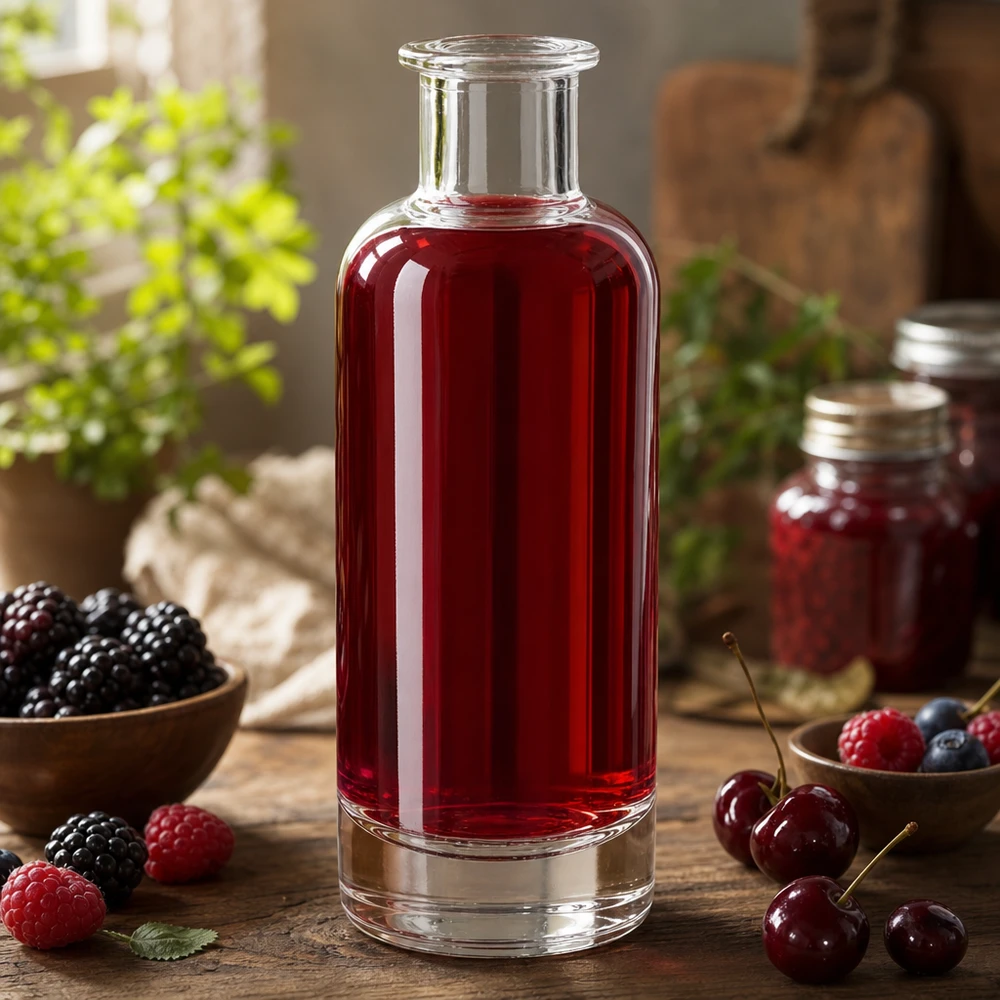 200ml Glasflasche "Ella" ohne Verschluss UNiTWIST 200ml Glasflasche Ella mit rotem Beerensaft gefüllt umgeben von frischen Beeren zeigt natürliche Anwendung