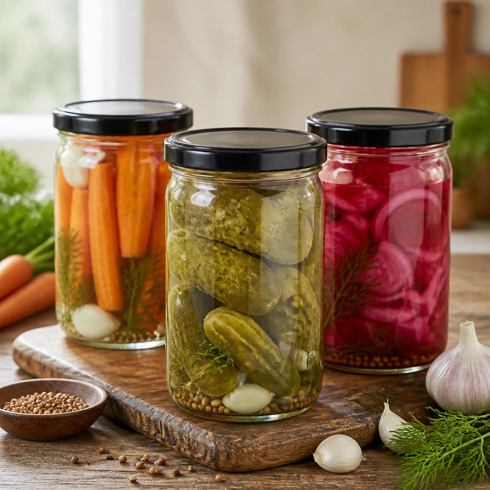 1053ml kelímky s víčkem BasicSeal černé UNiTWIST Drei 1053ml Sturzgläser mit schwarzen Deckeln gefüllt mit eingelegtem Gemüse Gurken Karotten und Radieschen