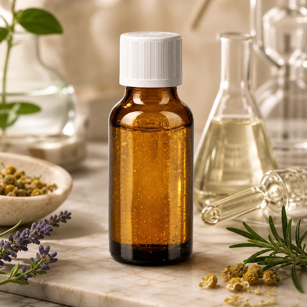 Lékárenská láhev hnědá 20ml šroubovací uzávěr bílý standard odolný proti otevření dětmi. Kompakte Apothekerflasche 20ml brauner Glas UV-Schutz weißer Verschluss neben Laborkolben und Lavendel