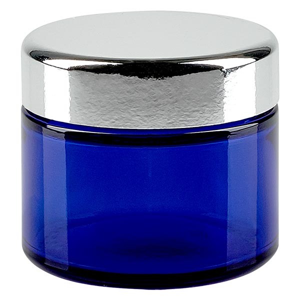 Skleněná dóza 50 ml. královsky modrá, se stříbrným kovovým víčkem. ApoGla Skleněná dóza 50 ml. královsky modrá, se stříbrným kovovým víčkem. ApoGla