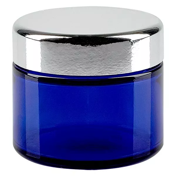 Skleněná dóza 50 ml. královsky modrá, se stříbrným kovovým víčkem. ApoGla Skleněná dóza 50 ml. královsky modrá, se stříbrným kovovým víčkem. ApoGla