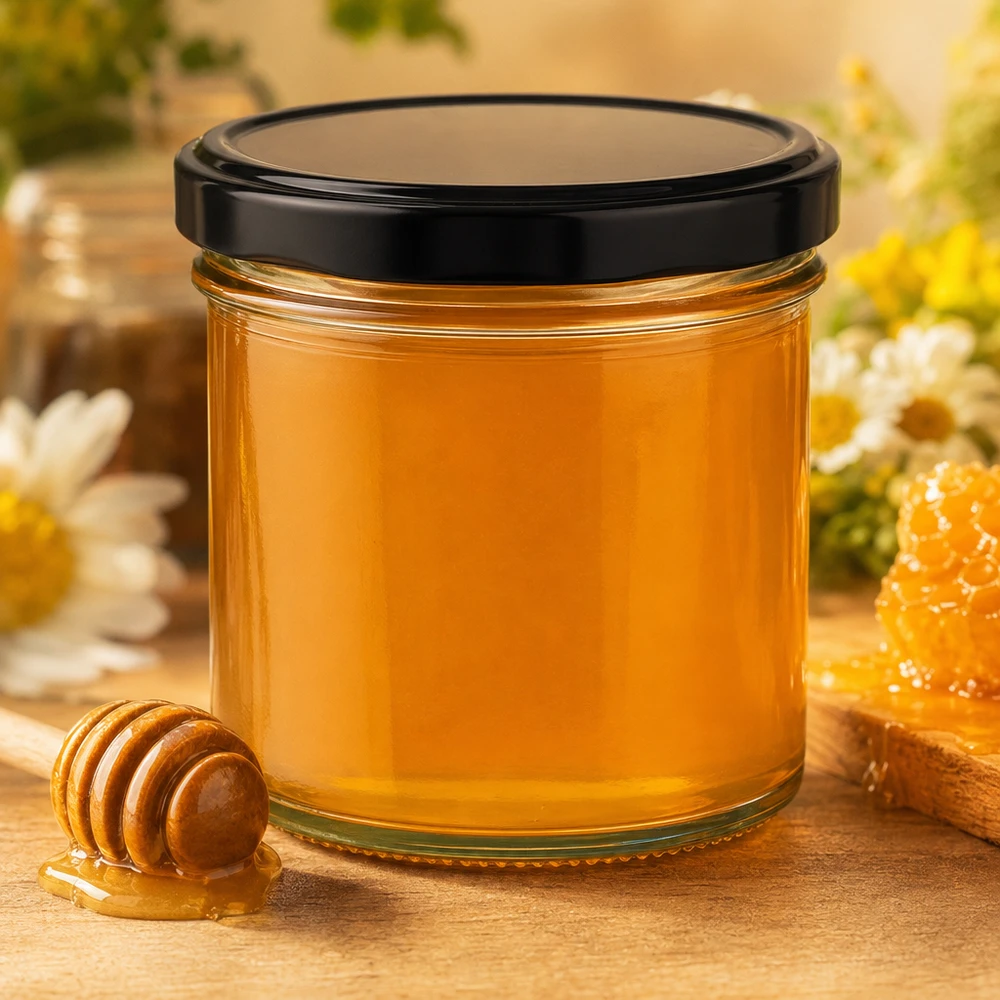 125ml kelímky s víčkem BasicSeal černé UNiTWIST 125ml Sturzglas mit schwarzem Deckel gefüllt mit goldenem Honig Honiglöffel Bienenwabe natürliche Dekoration