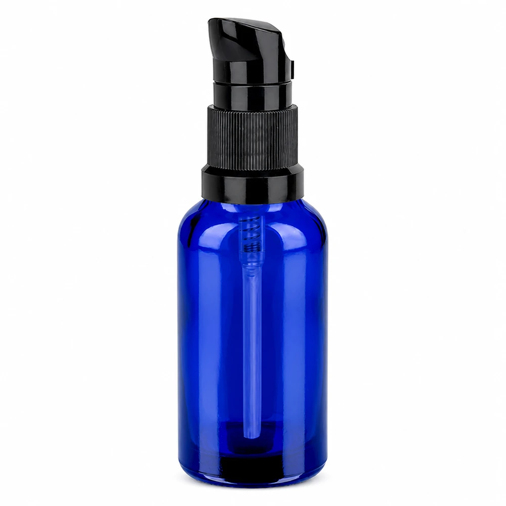 30ml lahvička s pumpičkou černá standardní uzávěr BlueLine UT18/30 Premium Pumpspender 30ml blaue Glasflasche mit schwarzer Pumpe für flüssige Kosmetika