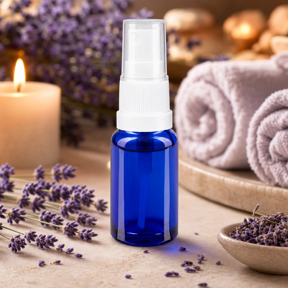 Lékárenská lahvička modrá 10ml s rozprašovacím víčkem bílá Lichtschutz-Sprühflasche in Blau 10ml mit weißem Pumpkopf ideal für Lavendelhydrolate und Gesichtswasser