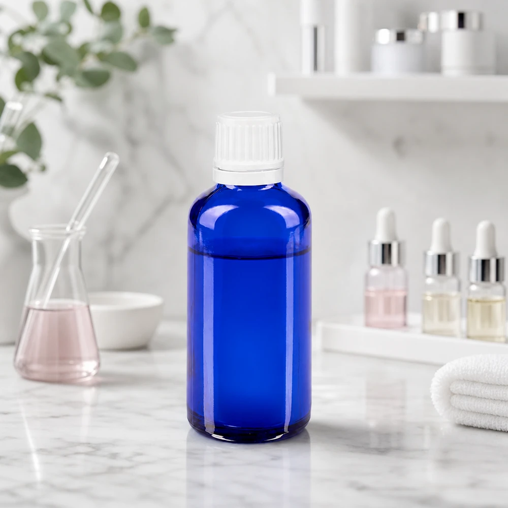 Lékárenská láhev modrá 50ml šroubovací uzávěr bílý s ochranným uzávěrem. 50ml Apothekerglasflasche kobaltblau mit manipulationssicherem weißen Schraubverschluss