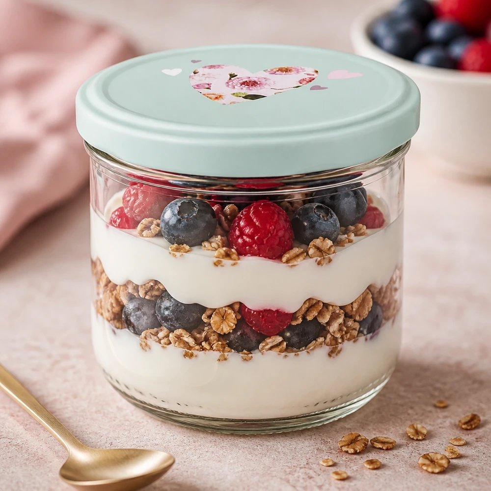 260ml Sturzglas mit Joghurt-Beeren-Parfait befüllt, BasicSeal Deckel mint mit Herz, Dessertglas für Schichtdesserts